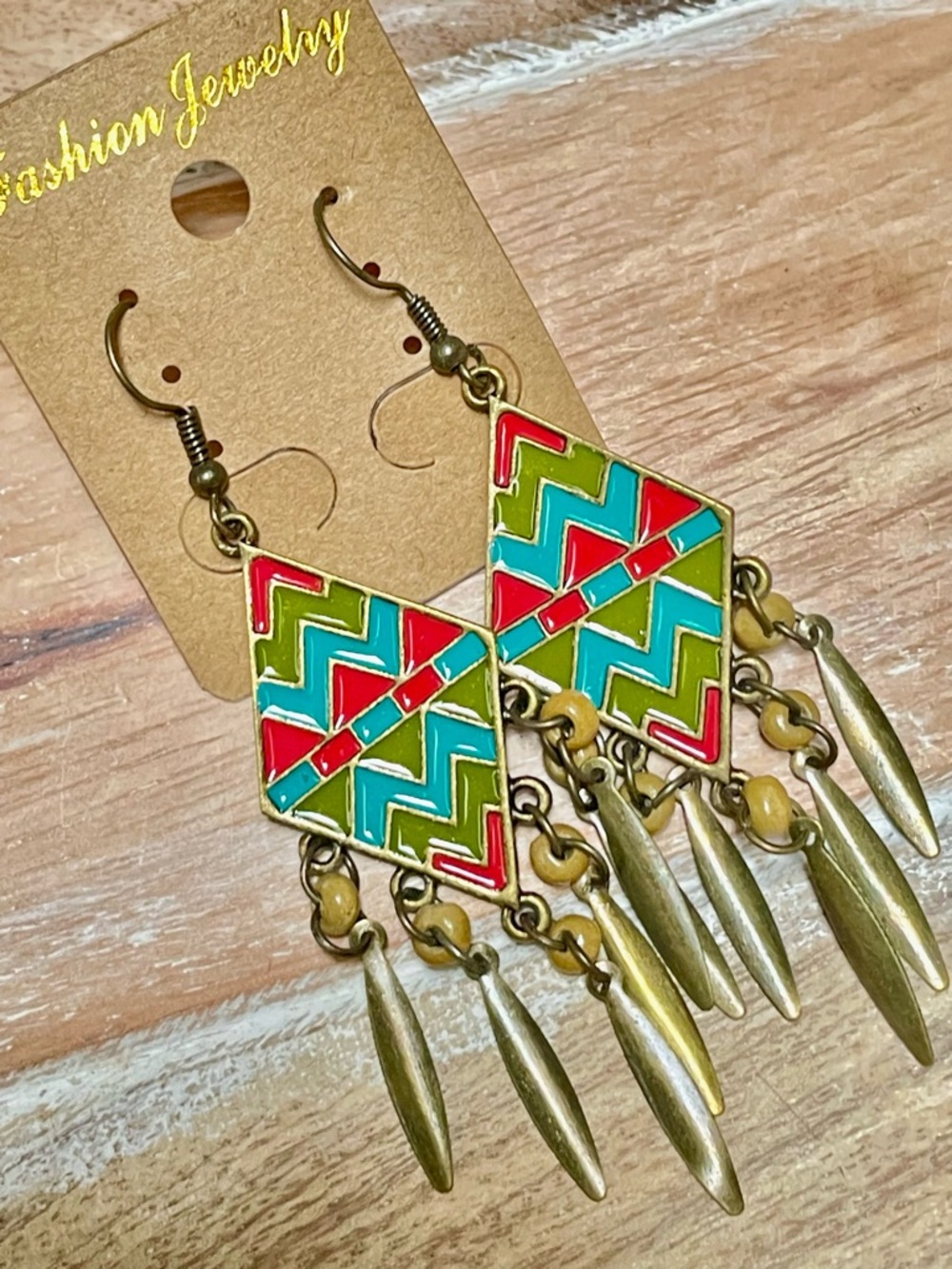 Colorful Chevron Dangle Earrings with Brass Fringe